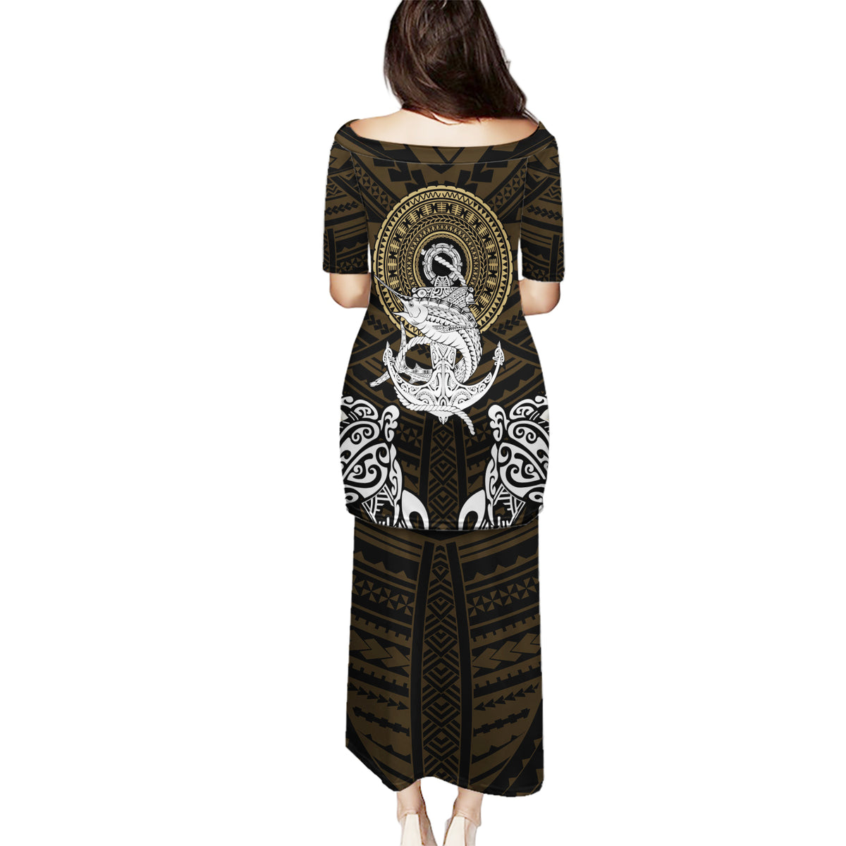 Polynesian Swordfish Puletasi with Anchor Pattern and Tribal Turtle - Wonder Print Shop