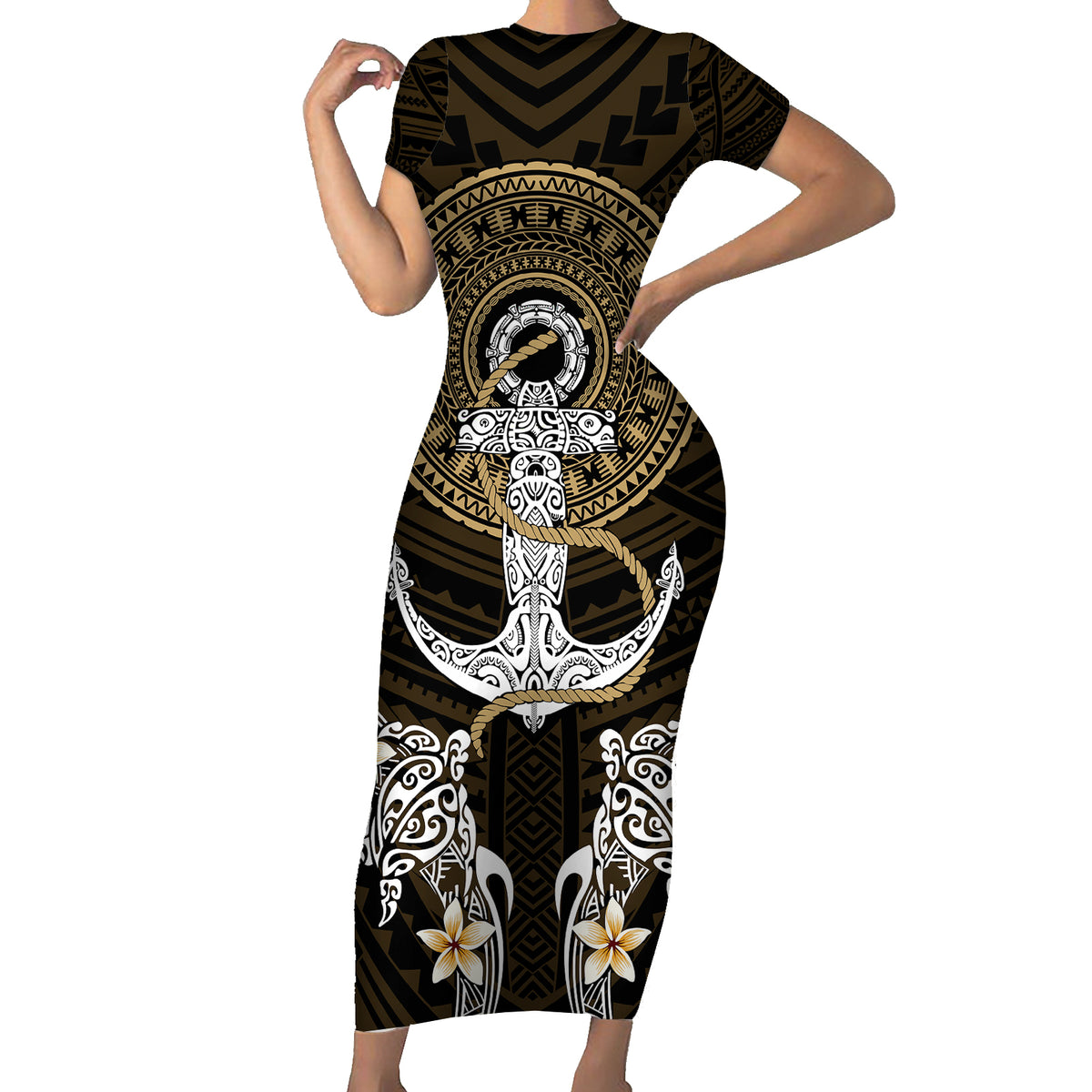 Polynesian Swordfish Short Sleeve Bodycon Dress with Anchor Pattern and Tribal Turtle - Wonder Print Shop
