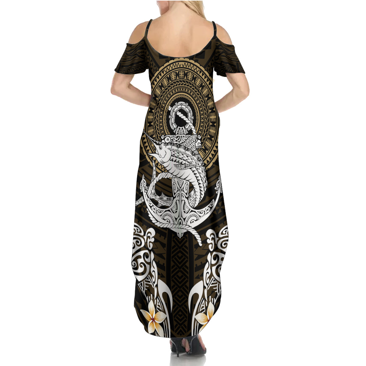 Polynesian Swordfish Summer Maxi Dress with Anchor Pattern and Tribal Turtle - Wonder Print Shop