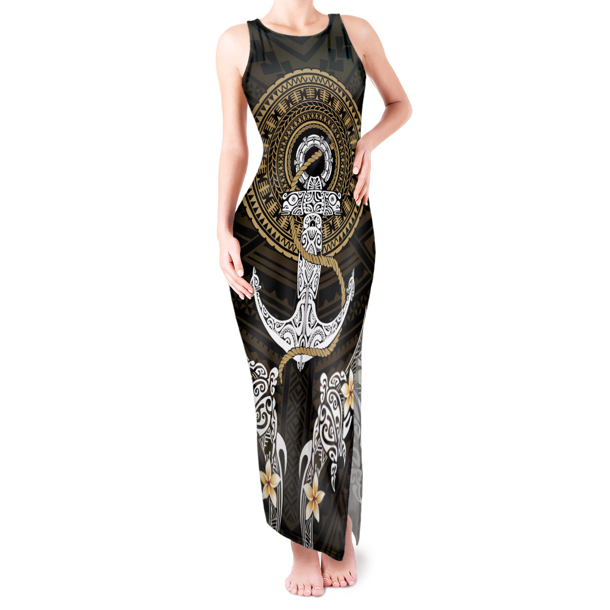 Polynesian Swordfish Tank Maxi Dress with Anchor Pattern and Tribal Turtle - Wonder Print Shop