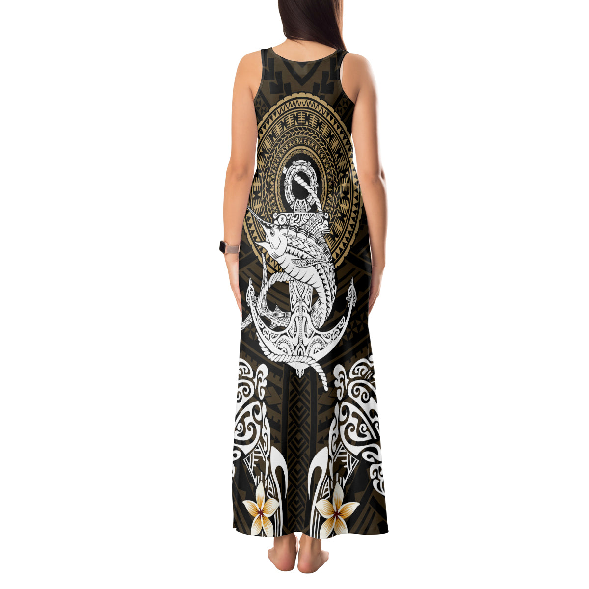 Polynesian Swordfish Tank Maxi Dress with Anchor Pattern and Tribal Turtle - Wonder Print Shop