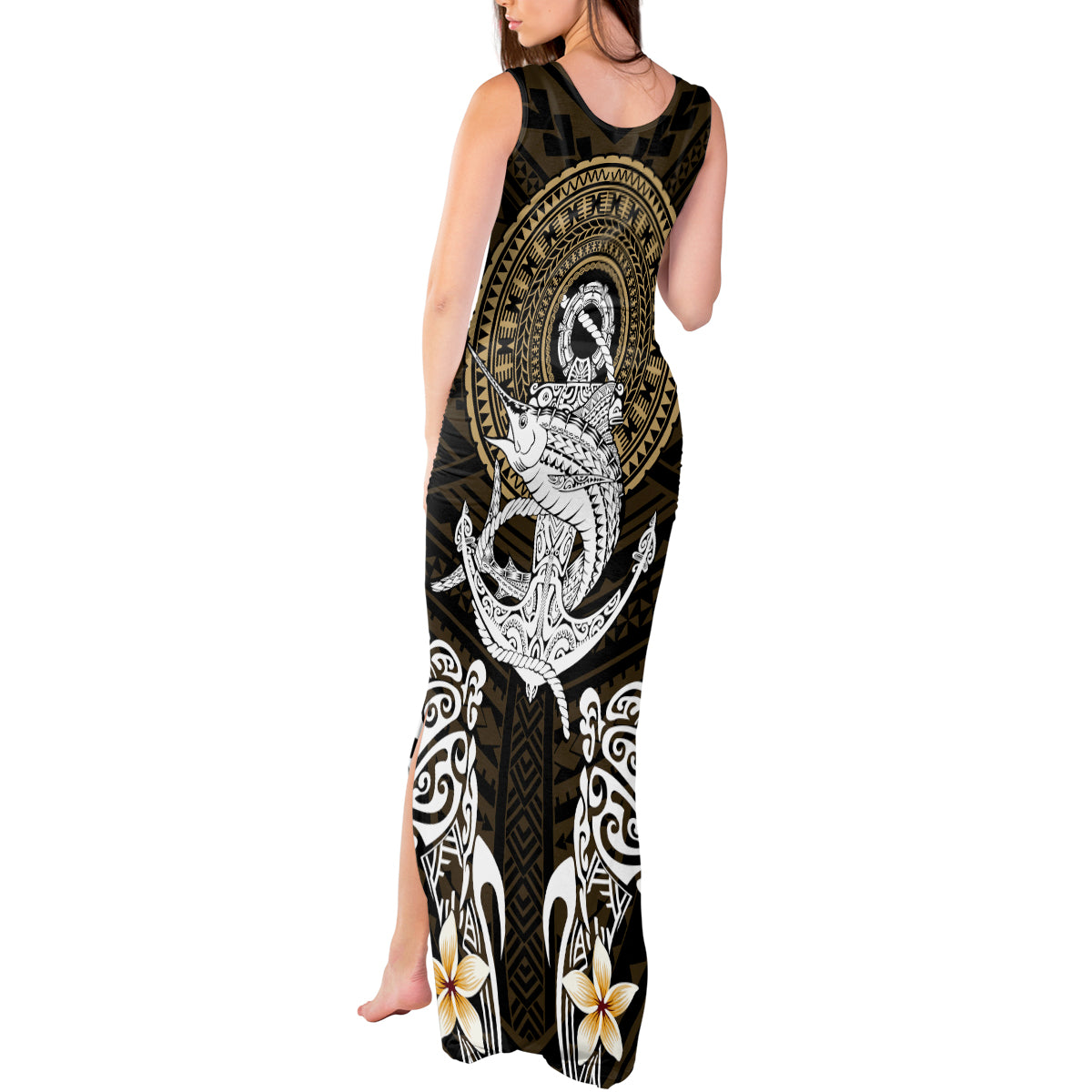 Polynesian Swordfish Tank Maxi Dress with Anchor Pattern and Tribal Turtle - Wonder Print Shop
