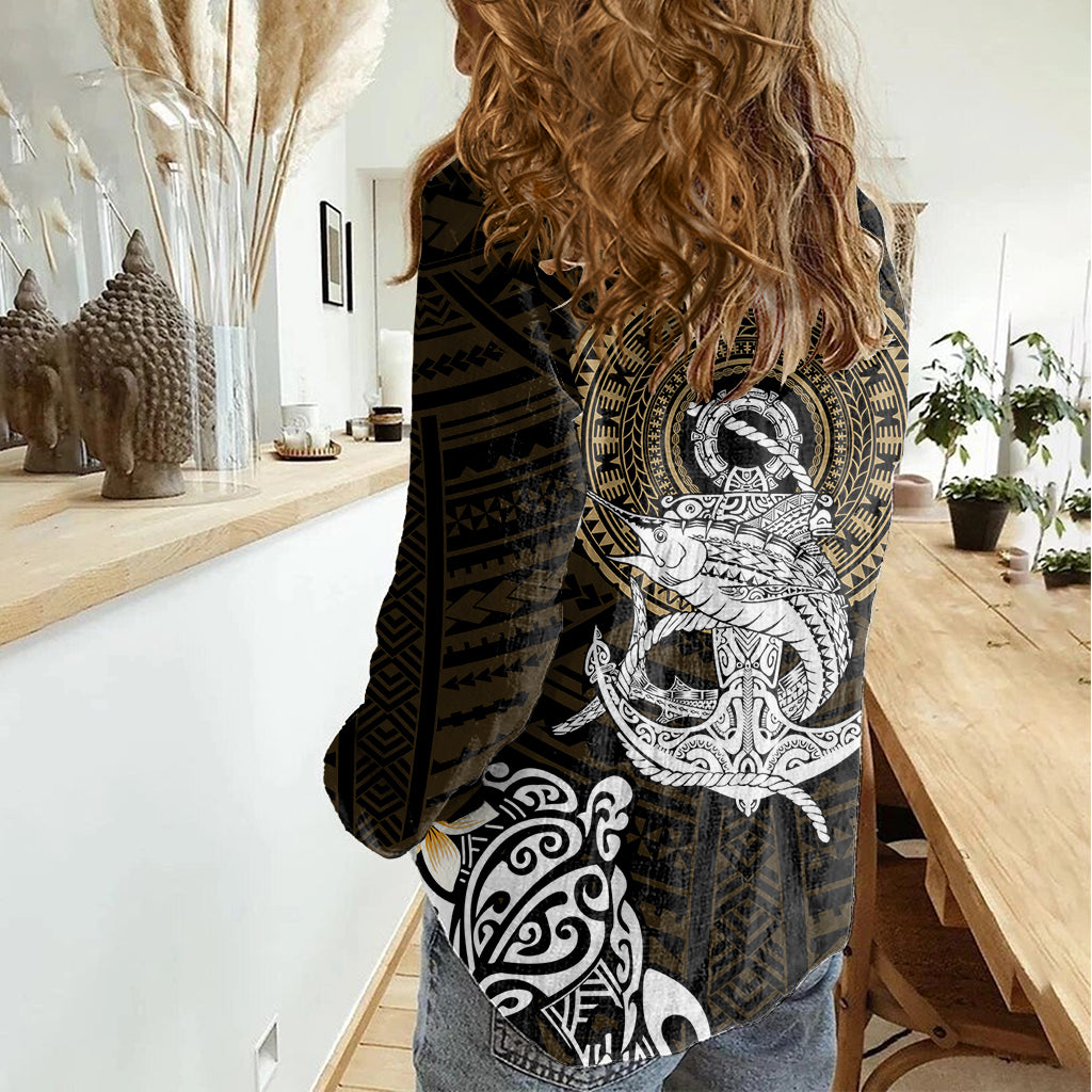 Polynesian Swordfish Women Casual Shirt with Anchor Pattern and Tribal Turtle - Wonder Print Shop