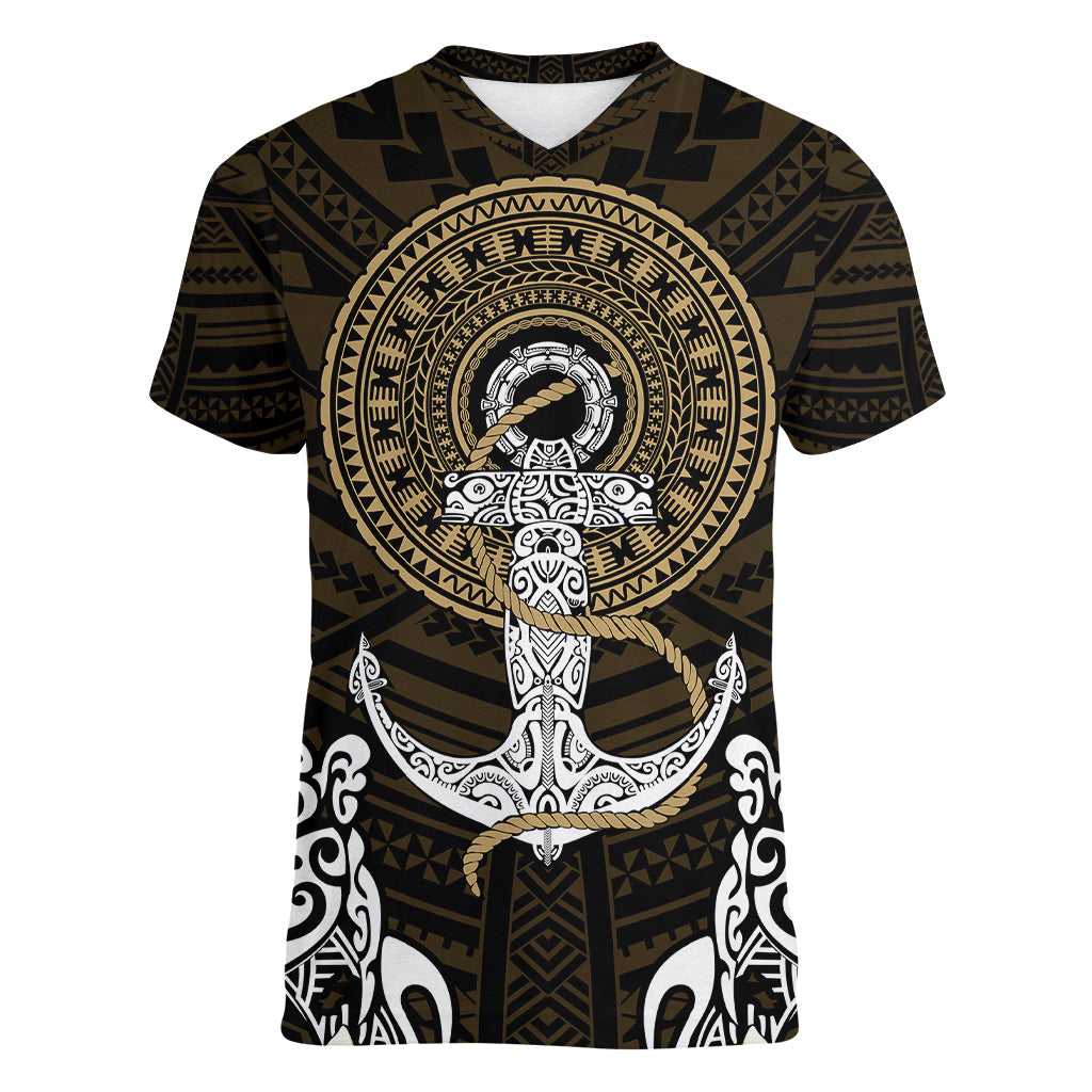 Polynesian Swordfish Women V Neck T Shirt with Anchor Pattern and Tribal Turtle - Wonder Print Shop