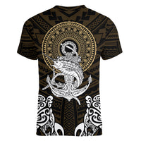 Polynesian Swordfish Women V Neck T Shirt with Anchor Pattern and Tribal Turtle - Wonder Print Shop