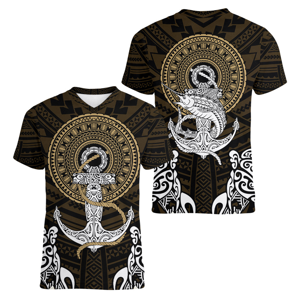 Polynesian Swordfish Women V Neck T Shirt with Anchor Pattern and Tribal Turtle - Wonder Print Shop