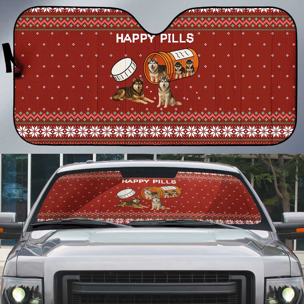 Merry Christmas Siberian Husky Dog Happy Pills Auto Sun Shade Husky Dogs in Pill Bottle and Red Snowflake - Wonder Print Shop