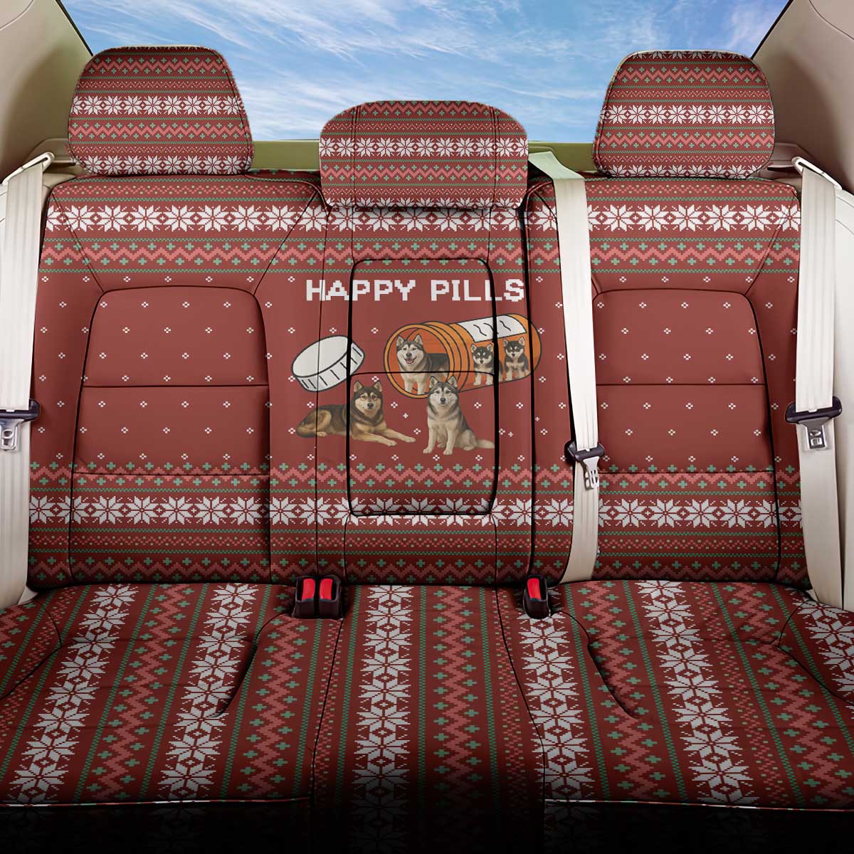Merry Christmas Siberian Husky Dog Happy Pills Back Car Seat Cover Husky Dogs in Pill Bottle and Red Snowflake - Wonder Print Shop
