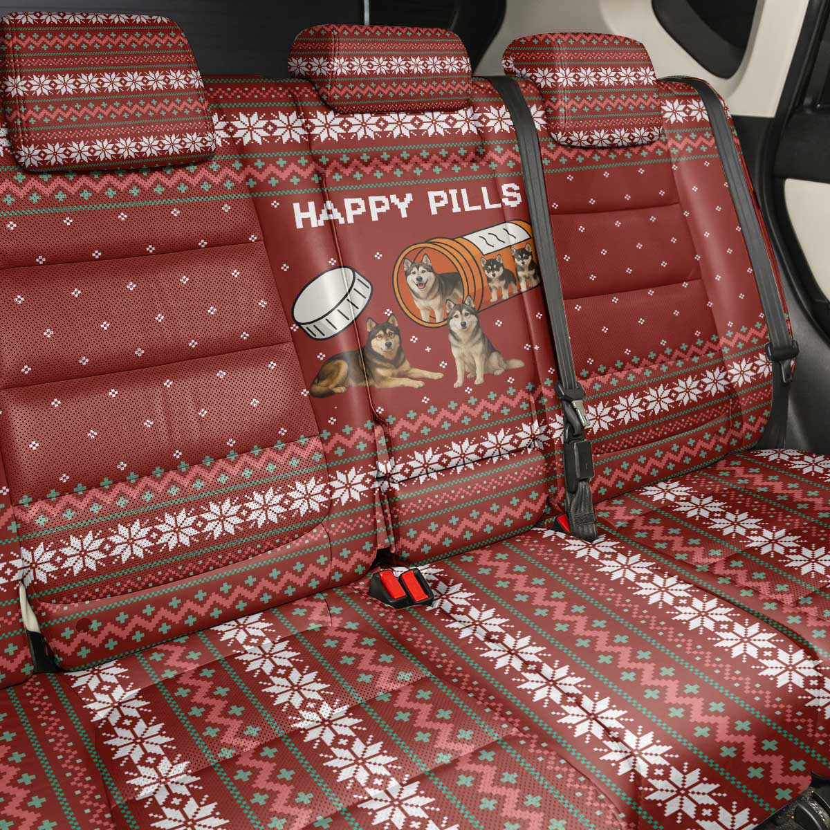 Merry Christmas Siberian Husky Dog Happy Pills Back Car Seat Cover Husky Dogs in Pill Bottle and Red Snowflake - Wonder Print Shop