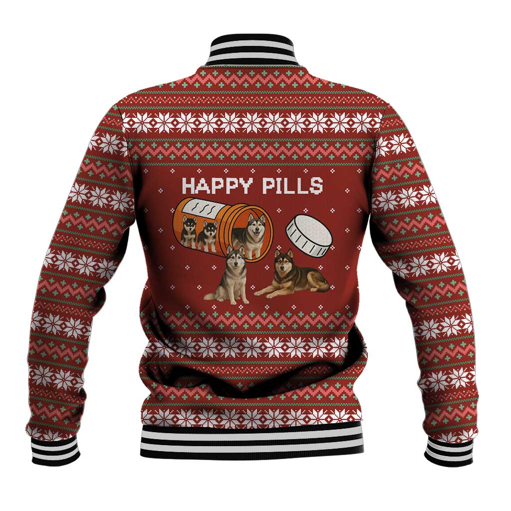 Merry Christmas Siberian Husky Dog Happy Pills Baseball Jacket Husky Dogs in Pill Bottle and Red Snowflake - Wonder Print Shop