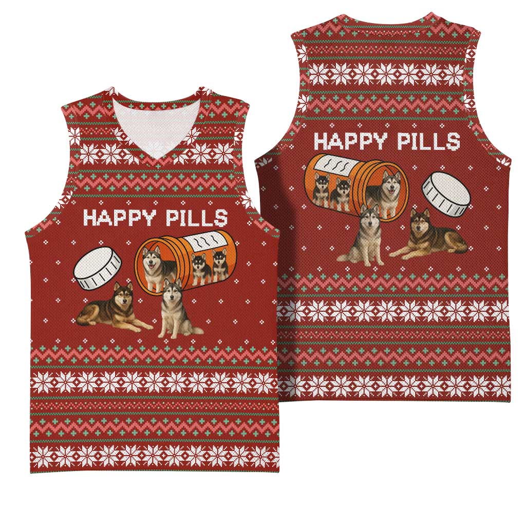 Merry Christmas Siberian Husky Dog Happy Pills Basketball Jersey Husky Dogs in Pill Bottle and Red Snowflake - Wonder Print Shop