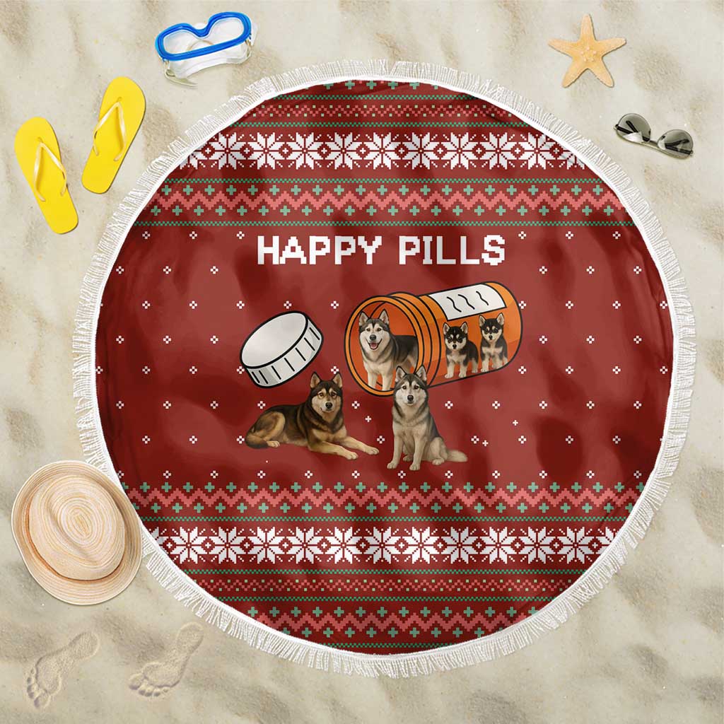 Merry Christmas Siberian Husky Dog Happy Pills Beach Blanket Husky Dogs in Pill Bottle and Red Snowflake - Wonder Print Shop