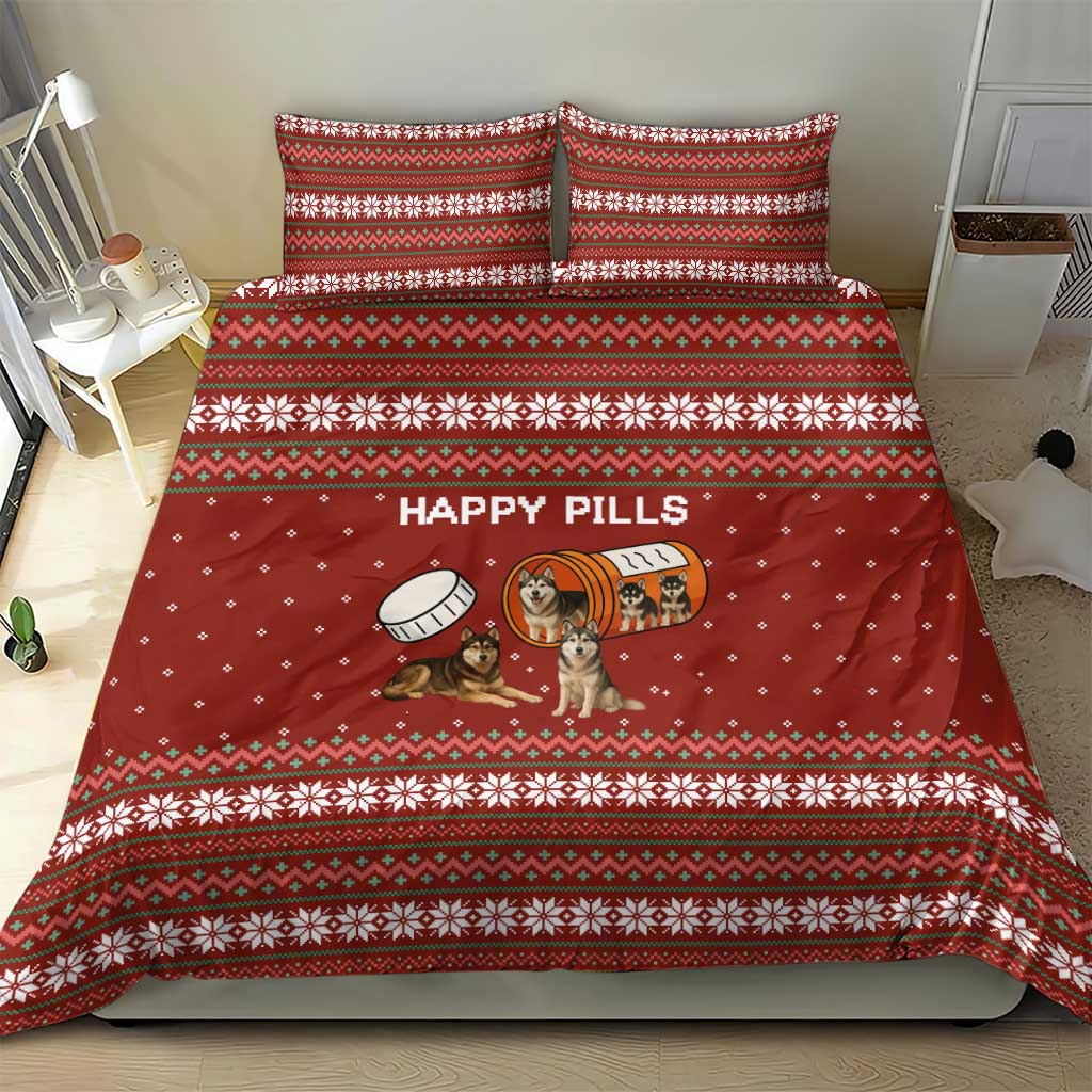 Merry Christmas Siberian Husky Dog Happy Pills Bedding Set Husky Dogs in Pill Bottle and Red Snowflake - Wonder Print Shop