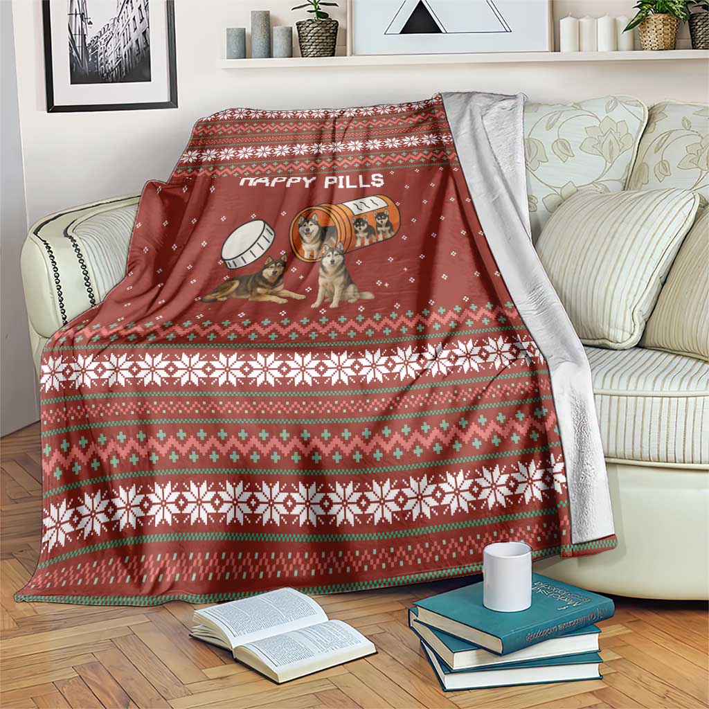 Merry Christmas Siberian Husky Dog Happy Pills Blanket Husky Dogs in Pill Bottle and Red Snowflake - Wonder Print Shop