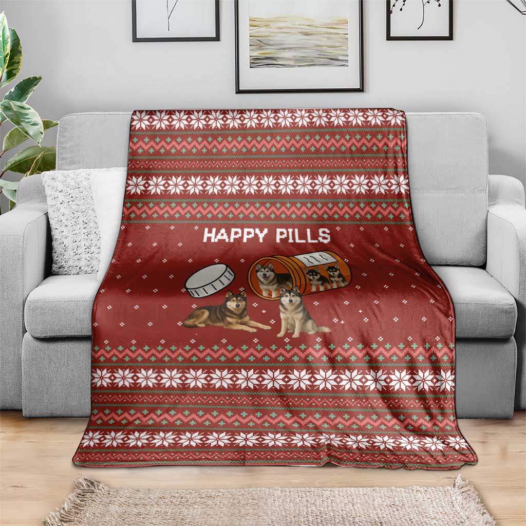 Merry Christmas Siberian Husky Dog Happy Pills Blanket Husky Dogs in Pill Bottle and Red Snowflake - Wonder Print Shop