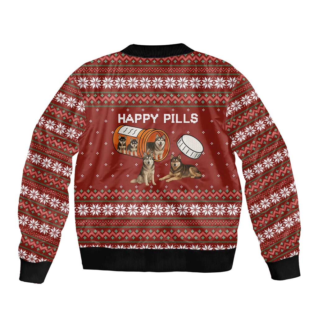 Merry Christmas Siberian Husky Dog Happy Pills Bomber Jacket Husky Dogs in Pill Bottle and Red Snowflake - undefined