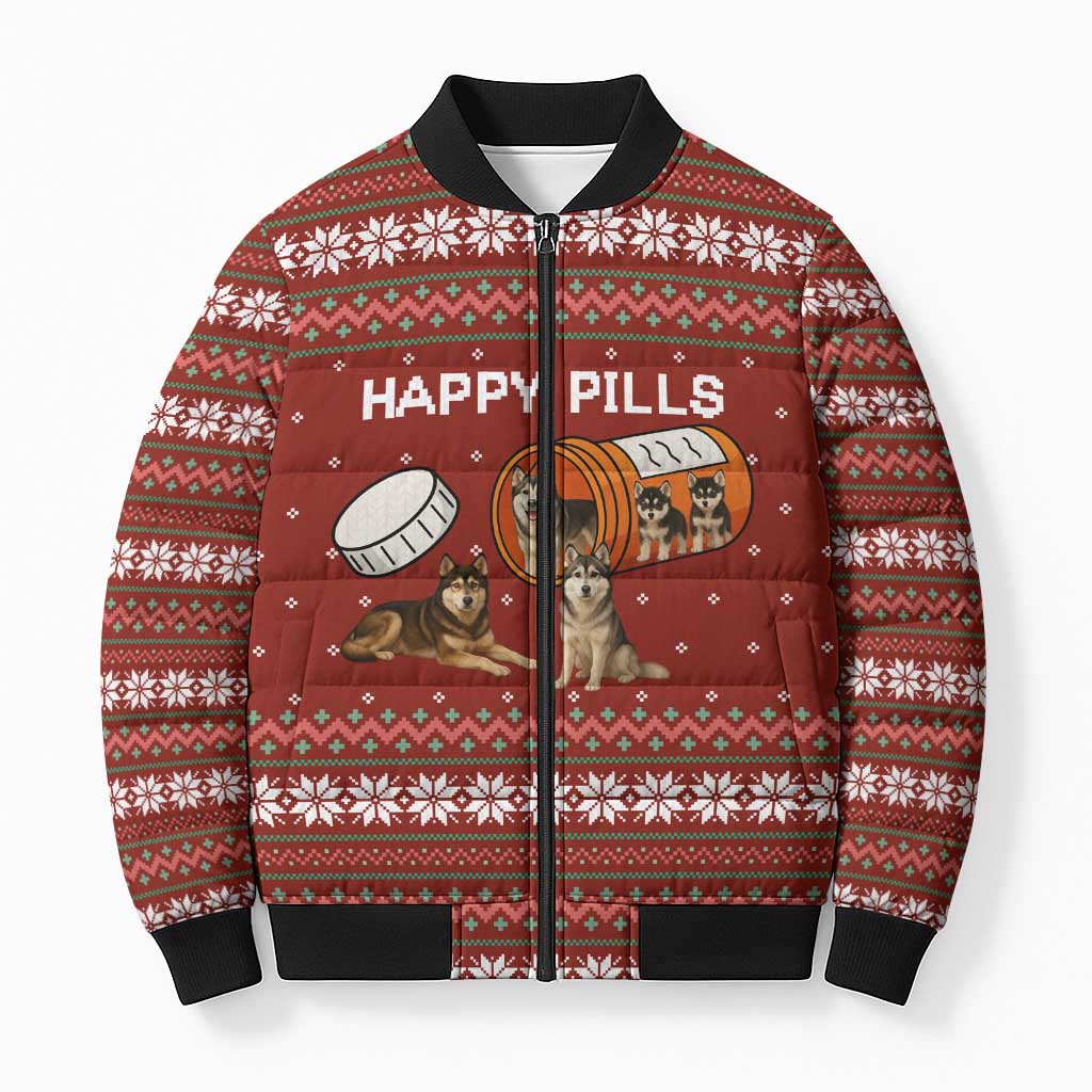 Merry Christmas Siberian Husky Dog Happy Pills Bomber Puffer Jacket Husky Dogs in Pill Bottle and Red Snowflake - Wonder Print Shop