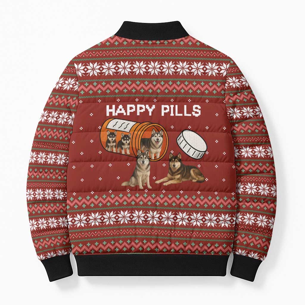 Merry Christmas Siberian Husky Dog Happy Pills Bomber Puffer Jacket Husky Dogs in Pill Bottle and Red Snowflake - Wonder Print Shop