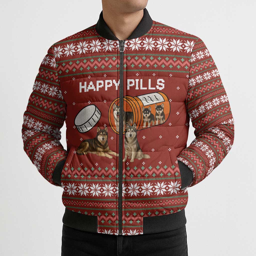 Merry Christmas Siberian Husky Dog Happy Pills Bomber Puffer Jacket Husky Dogs in Pill Bottle and Red Snowflake - Wonder Print Shop