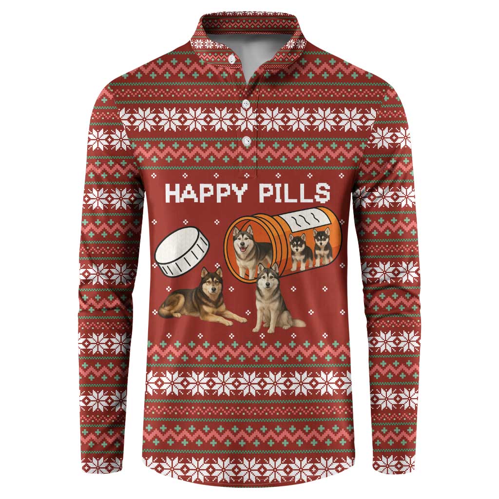 Merry Christmas Siberian Husky Dog Happy Pills Button Sweatshirt Husky Dogs in Pill Bottle and Red Snowflake - Wonder Print Shop