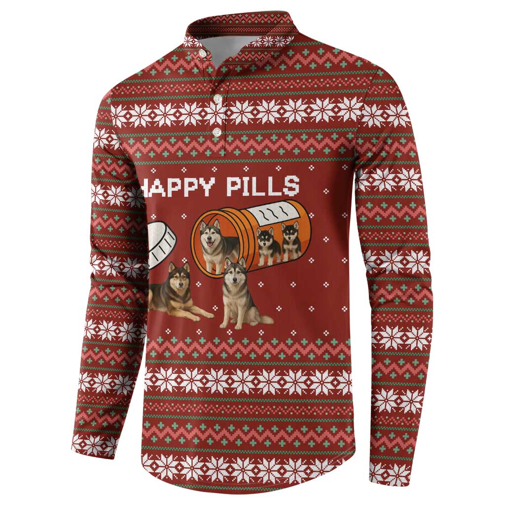 Merry Christmas Siberian Husky Dog Happy Pills Button Sweatshirt Husky Dogs in Pill Bottle and Red Snowflake - Wonder Print Shop