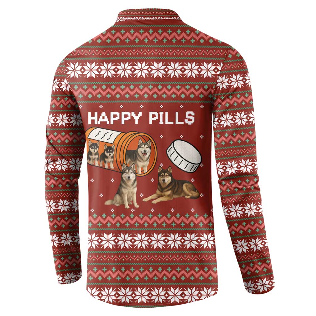 Merry Christmas Siberian Husky Dog Happy Pills Button Sweatshirt Husky Dogs in Pill Bottle and Red Snowflake - Wonder Print Shop