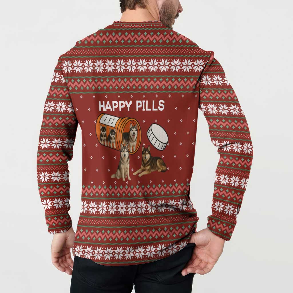 Merry Christmas Siberian Husky Dog Happy Pills Button Sweatshirt Husky Dogs in Pill Bottle and Red Snowflake - Wonder Print Shop
