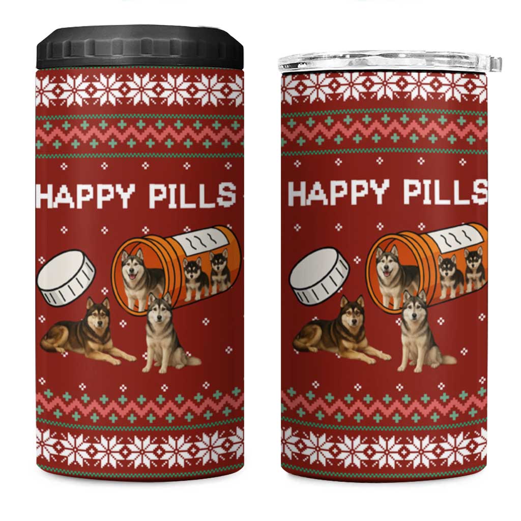 Merry Christmas Siberian Husky Dog Happy Pills 4 in 1 Can Cooler Tumbler Husky Dogs in Pill Bottle and Red Snowflake - Wonder Print Shop