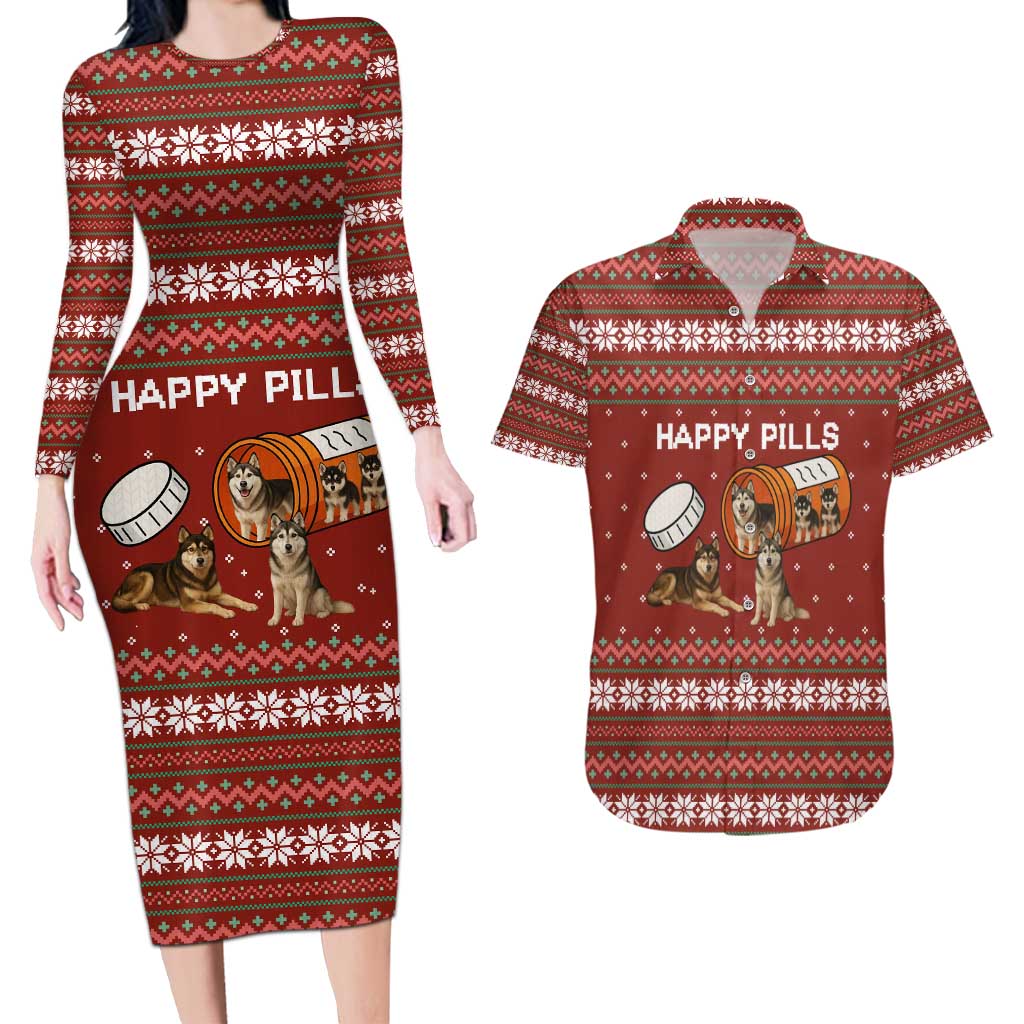 Merry Christmas Siberian Husky Dog Happy Pills Couples Matching Long Sleeve Bodycon Dress and Hawaiian Shirt Husky Dogs in Pill Bottle and Red Snowflake - Wonder Print Shop