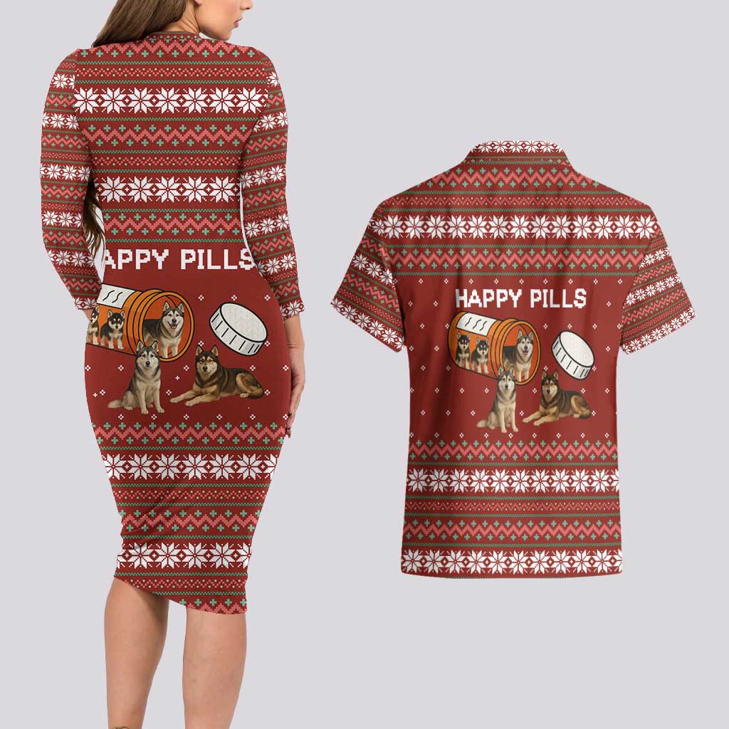 Merry Christmas Siberian Husky Dog Happy Pills Couples Matching Long Sleeve Bodycon Dress and Hawaiian Shirt Husky Dogs in Pill Bottle and Red Snowflake - Wonder Print Shop