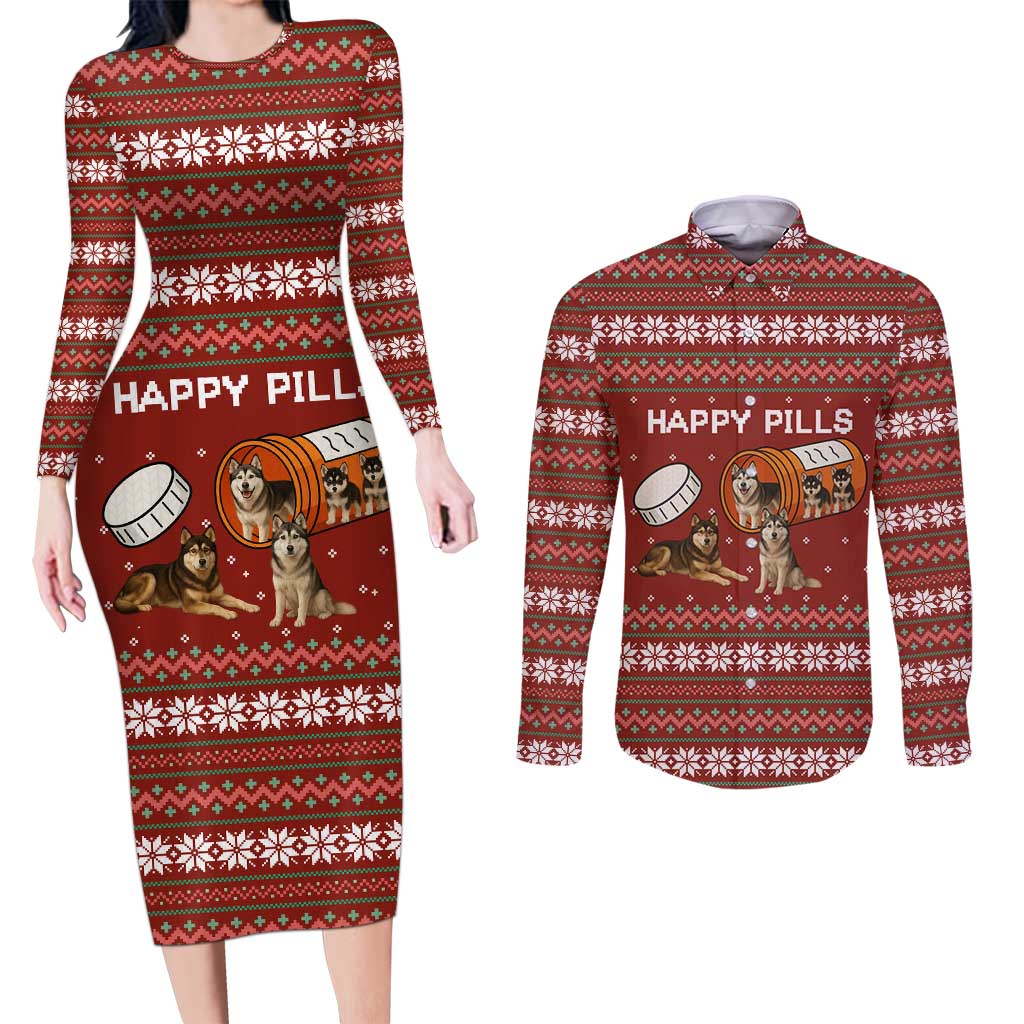Merry Christmas Siberian Husky Dog Happy Pills Couples Matching Long Sleeve Bodycon Dress and Long Sleeve Button Shirt Husky Dogs in Pill Bottle and Red Snowflake - Wonder Print Shop