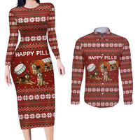 Merry Christmas Siberian Husky Dog Happy Pills Couples Matching Long Sleeve Bodycon Dress and Long Sleeve Button Shirt Husky Dogs in Pill Bottle and Red Snowflake - Wonder Print Shop