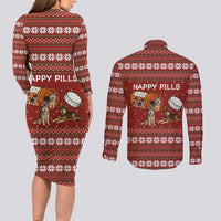 Merry Christmas Siberian Husky Dog Happy Pills Couples Matching Long Sleeve Bodycon Dress and Long Sleeve Button Shirt Husky Dogs in Pill Bottle and Red Snowflake - Wonder Print Shop