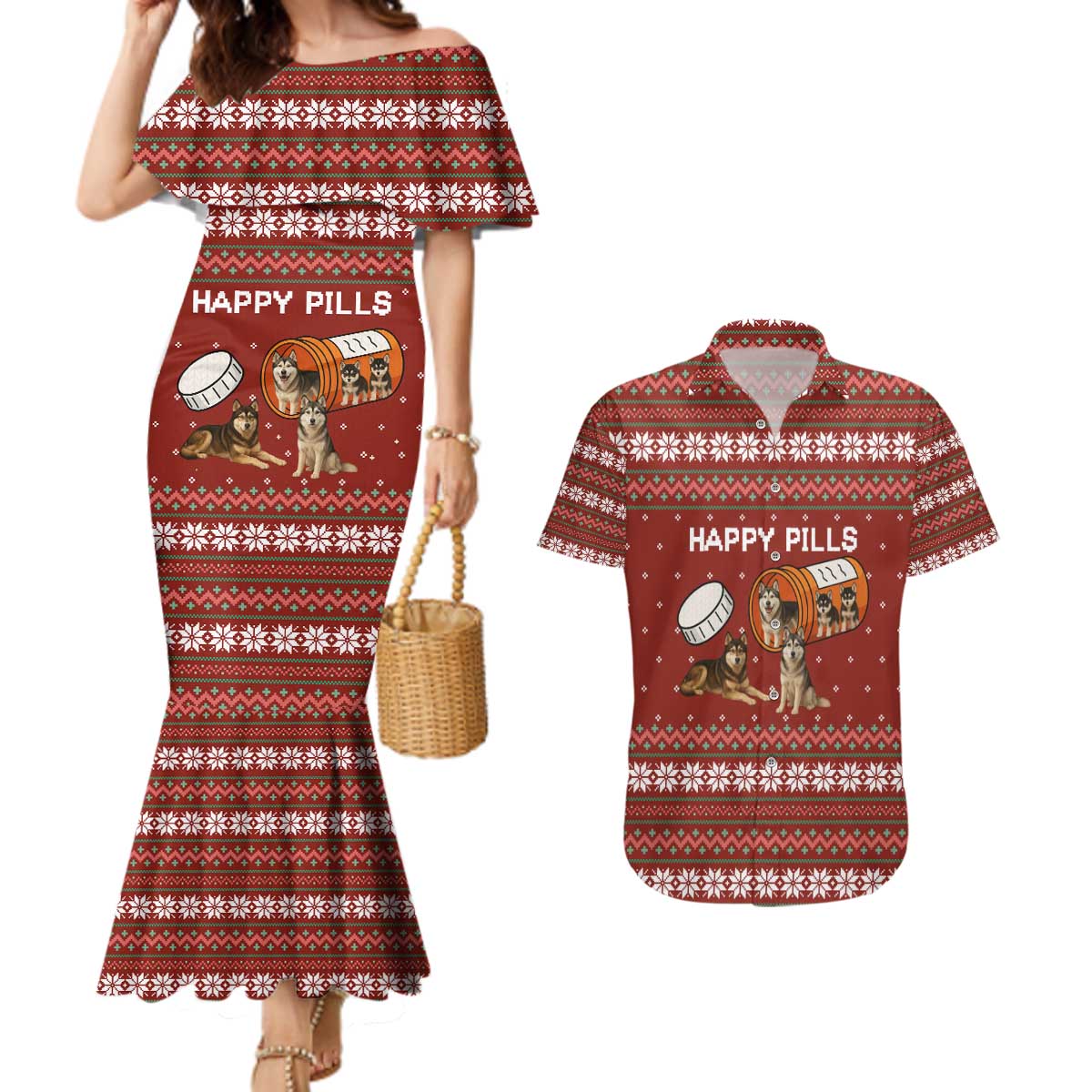 Merry Christmas Siberian Husky Dog Happy Pills Couples Matching Mermaid Dress and Hawaiian Shirt Husky Dogs in Pill Bottle and Red Snowflake - Wonder Print Shop