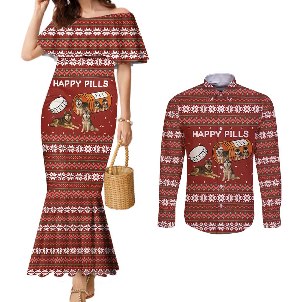 Merry Christmas Siberian Husky Dog Happy Pills Couples Matching Mermaid Dress and Long Sleeve Button Shirt Husky Dogs in Pill Bottle and Red Snowflake - Wonder Print Shop