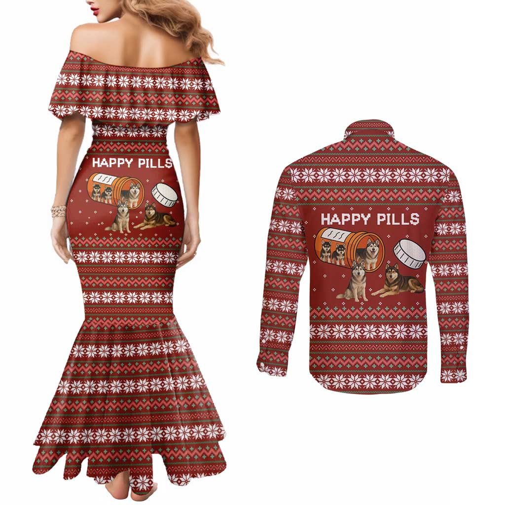 Merry Christmas Siberian Husky Dog Happy Pills Couples Matching Mermaid Dress and Long Sleeve Button Shirt Husky Dogs in Pill Bottle and Red Snowflake - Wonder Print Shop