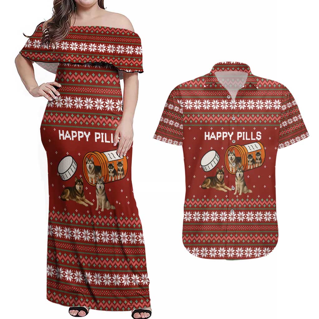 Merry Christmas Siberian Husky Dog Happy Pills Couples Matching Off Shoulder Maxi Dress and Hawaiian Shirt Husky Dogs in Pill Bottle and Red Snowflake - Wonder Print Shop