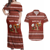 Merry Christmas Siberian Husky Dog Happy Pills Couples Matching Off Shoulder Maxi Dress and Hawaiian Shirt Husky Dogs in Pill Bottle and Red Snowflake - Wonder Print Shop