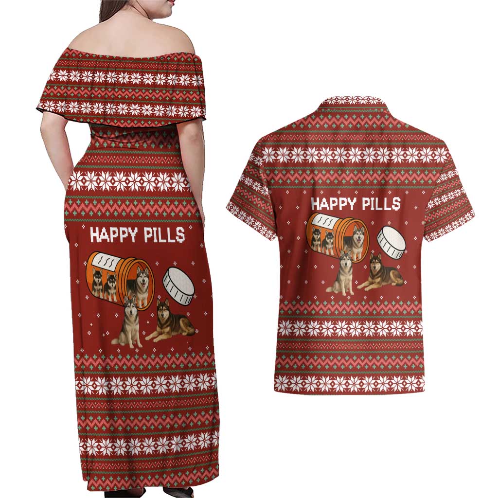 Merry Christmas Siberian Husky Dog Happy Pills Couples Matching Off Shoulder Maxi Dress and Hawaiian Shirt Husky Dogs in Pill Bottle and Red Snowflake - Wonder Print Shop