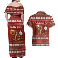 Merry Christmas Siberian Husky Dog Happy Pills Couples Matching Off Shoulder Maxi Dress and Hawaiian Shirt Husky Dogs in Pill Bottle and Red Snowflake - Wonder Print Shop