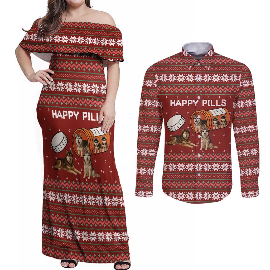 Merry Christmas Siberian Husky Dog Happy Pills Couples Matching Off Shoulder Maxi Dress and Long Sleeve Button Shirt Husky Dogs in Pill Bottle and Red Snowflake - Wonder Print Shop