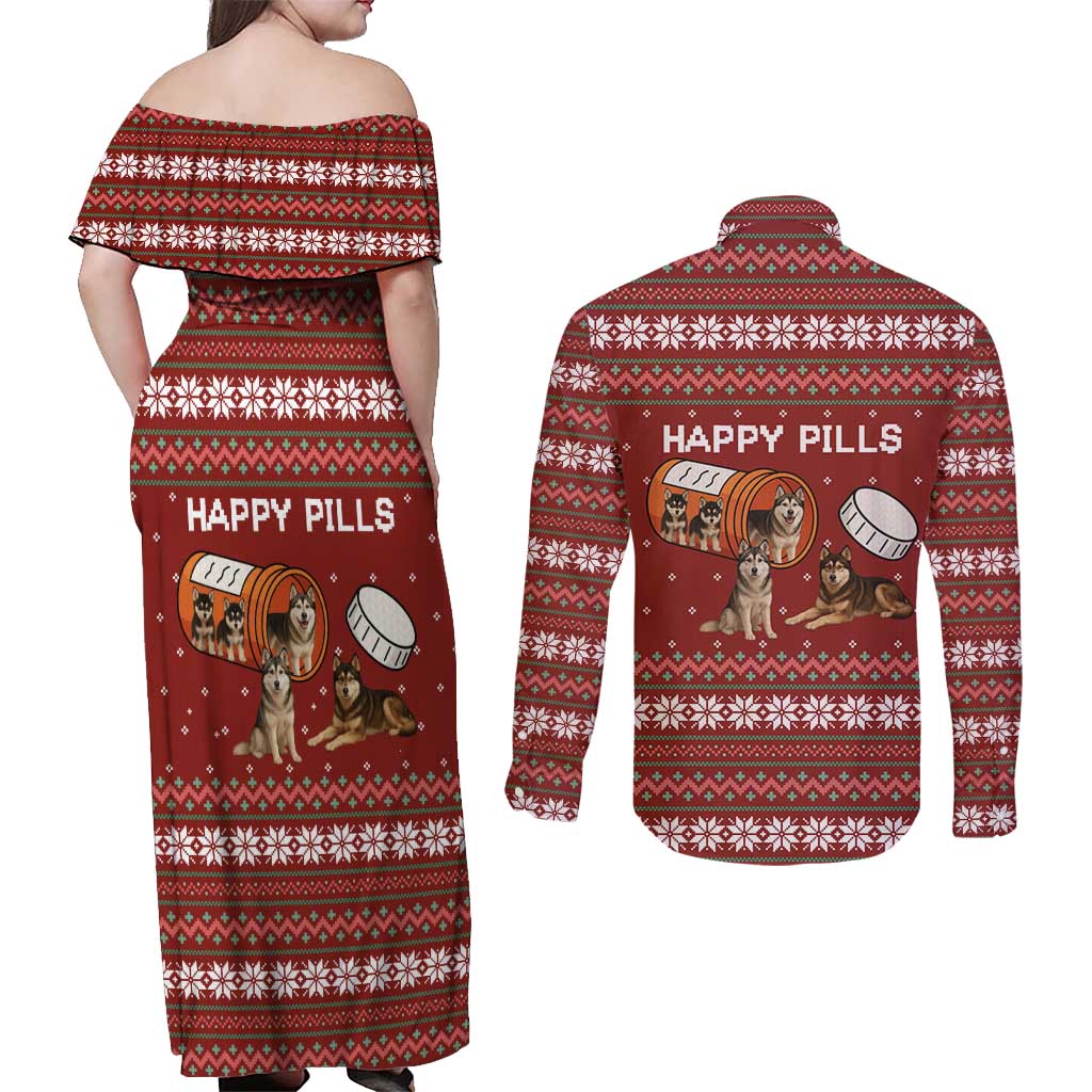 Merry Christmas Siberian Husky Dog Happy Pills Couples Matching Off Shoulder Maxi Dress and Long Sleeve Button Shirt Husky Dogs in Pill Bottle and Red Snowflake - Wonder Print Shop