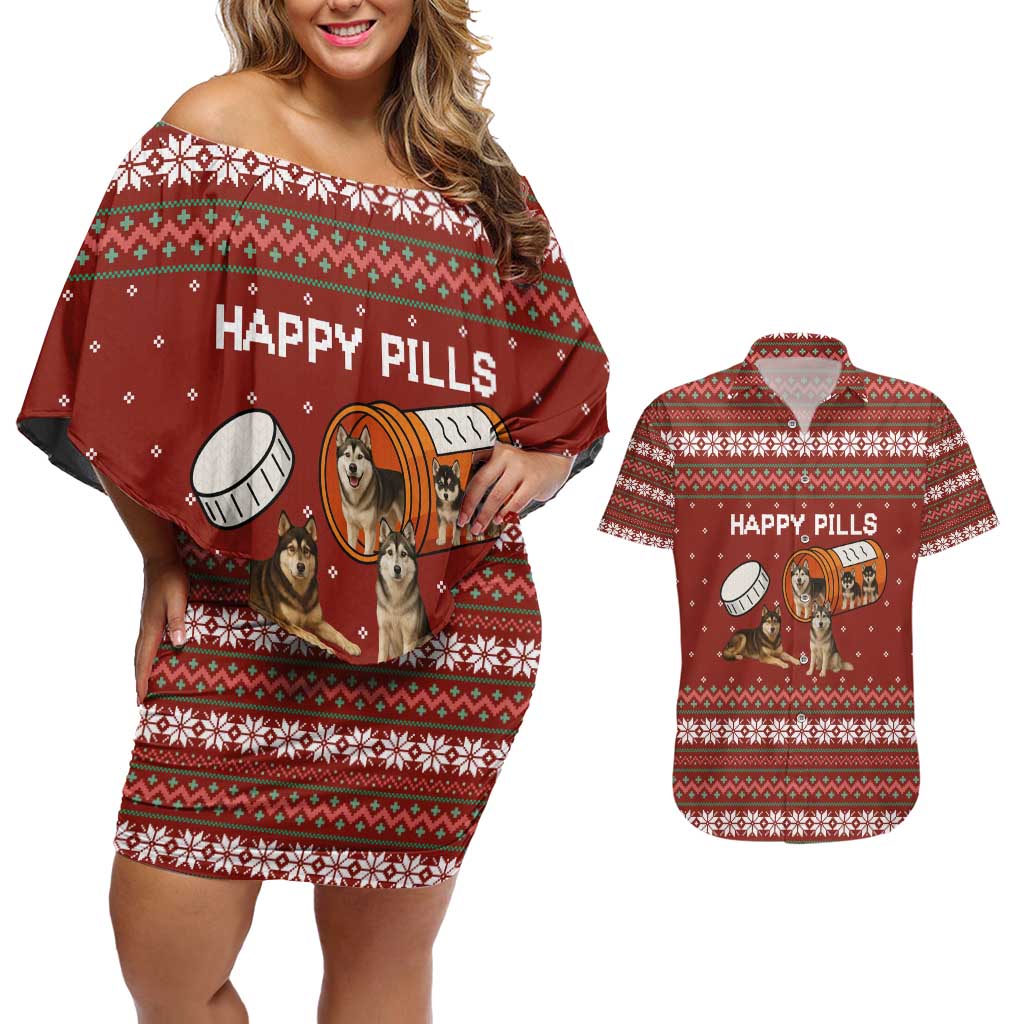 Merry Christmas Siberian Husky Dog Happy Pills Couples Matching Off Shoulder Short Dress and Hawaiian Shirt Husky Dogs in Pill Bottle and Red Snowflake - Wonder Print Shop