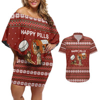 Merry Christmas Siberian Husky Dog Happy Pills Couples Matching Off Shoulder Short Dress and Hawaiian Shirt Husky Dogs in Pill Bottle and Red Snowflake - Wonder Print Shop