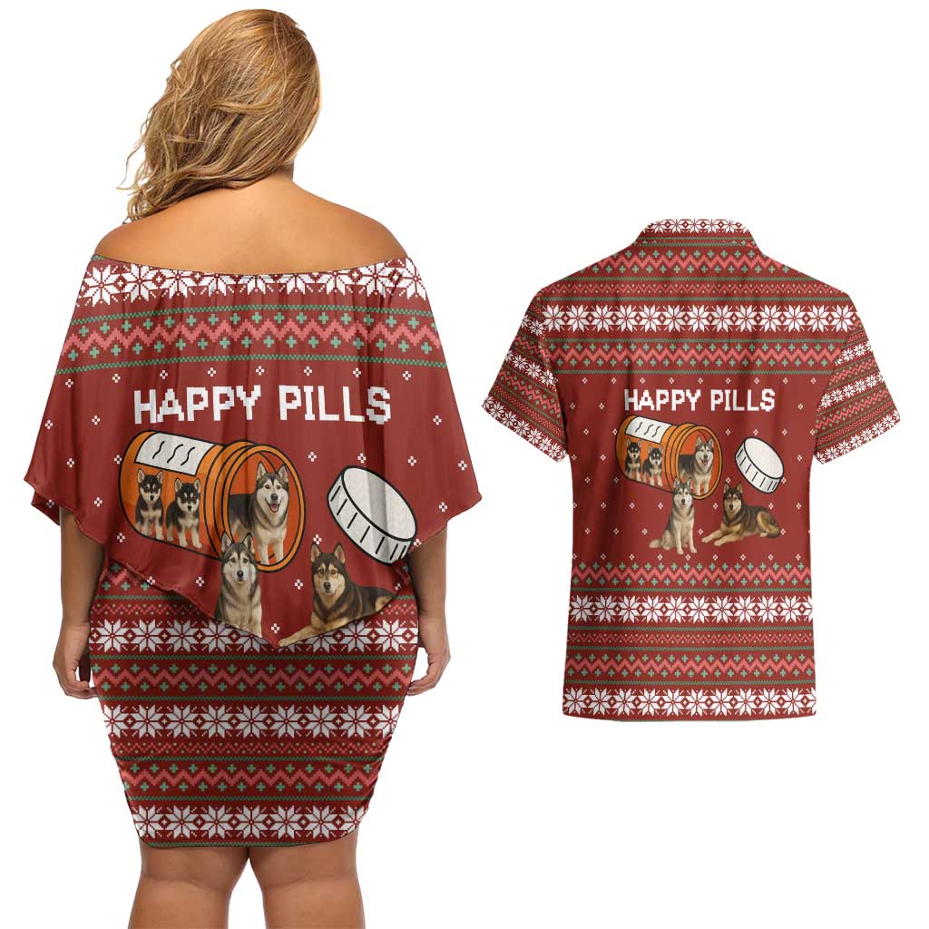 Merry Christmas Siberian Husky Dog Happy Pills Couples Matching Off Shoulder Short Dress and Hawaiian Shirt Husky Dogs in Pill Bottle and Red Snowflake - Wonder Print Shop