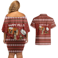 Merry Christmas Siberian Husky Dog Happy Pills Couples Matching Off Shoulder Short Dress and Hawaiian Shirt Husky Dogs in Pill Bottle and Red Snowflake - Wonder Print Shop