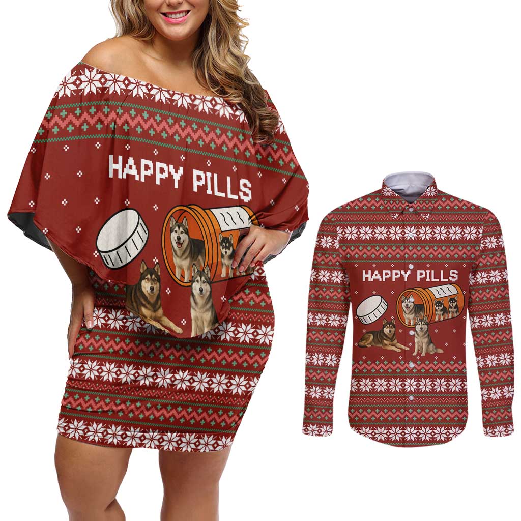 Merry Christmas Siberian Husky Dog Happy Pills Couples Matching Off Shoulder Short Dress and Long Sleeve Button Shirt Husky Dogs in Pill Bottle and Red Snowflake - Wonder Print Shop