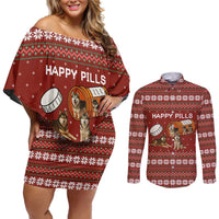 Merry Christmas Siberian Husky Dog Happy Pills Couples Matching Off Shoulder Short Dress and Long Sleeve Button Shirt Husky Dogs in Pill Bottle and Red Snowflake - Wonder Print Shop