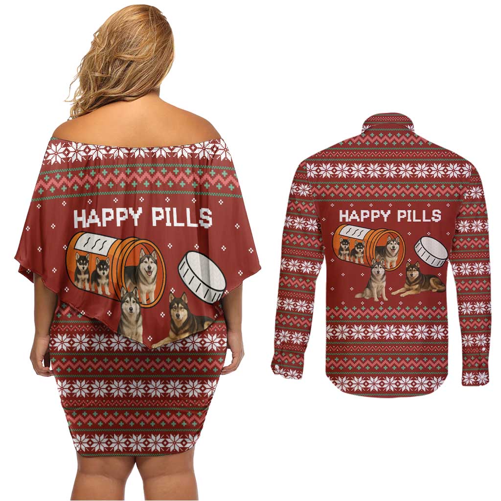Merry Christmas Siberian Husky Dog Happy Pills Couples Matching Off Shoulder Short Dress and Long Sleeve Button Shirt Husky Dogs in Pill Bottle and Red Snowflake - Wonder Print Shop