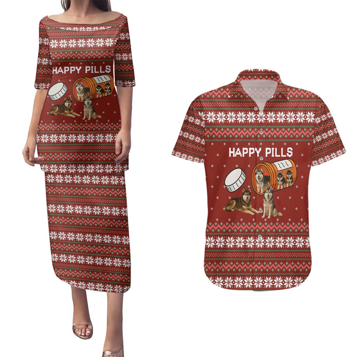 Merry Christmas Siberian Husky Dog Happy Pills Couples Matching Puletasi and Hawaiian Shirt Husky Dogs in Pill Bottle and Red Snowflake - Wonder Print Shop